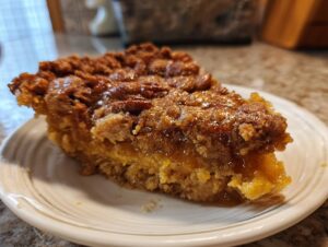 A delicious slice of pecan pie dump cake on a white plate, showcasing layers of gooey filling and crunchy pecans.