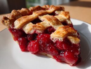 A close-up of a slice of perfect cherry pie, showcasing a golden lattice crust and a thick, glistening cherry filling.