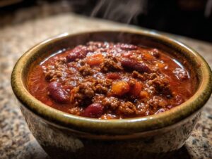 A steaming bowl of delicious chili with ground beef, kidney beans, and chunks of tomato.
