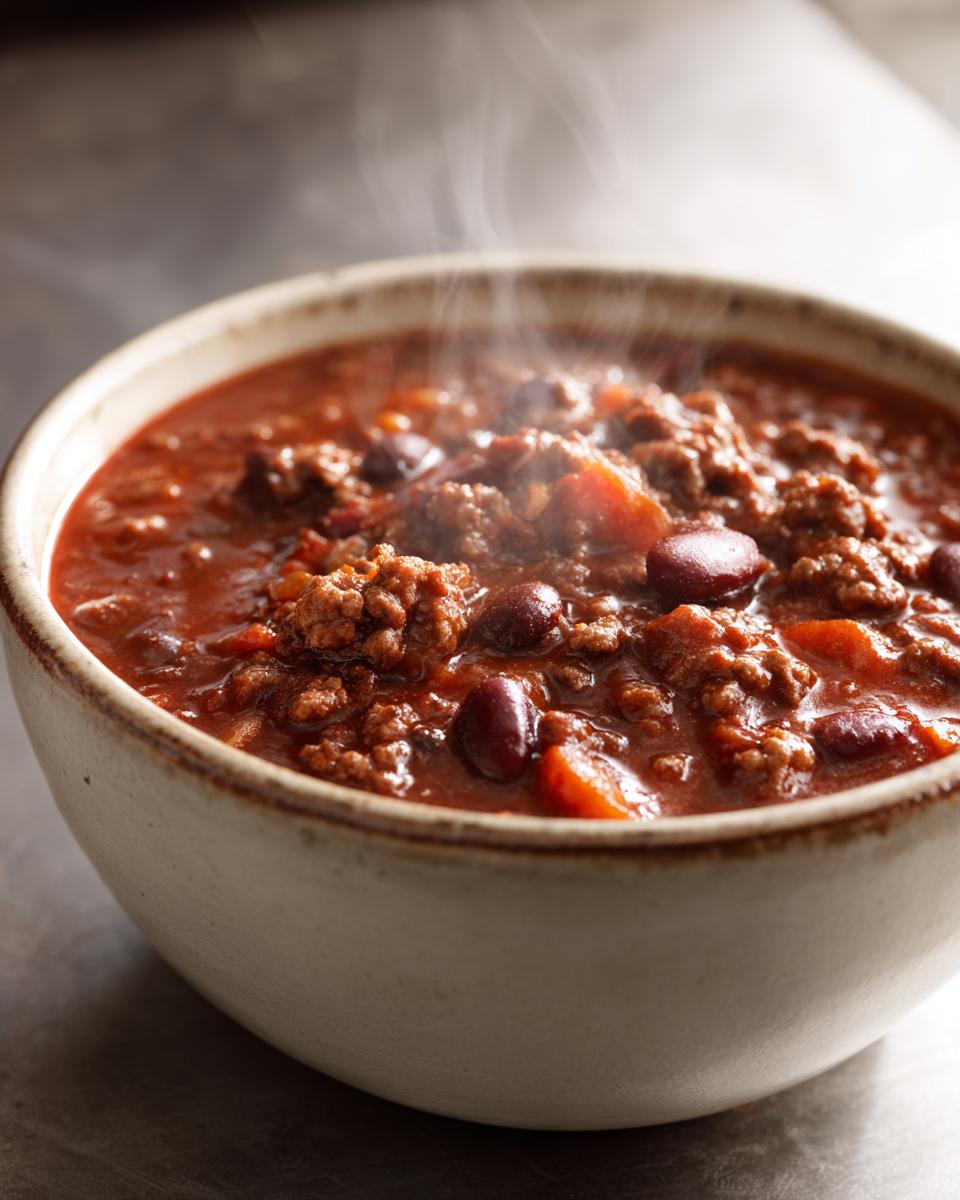 Close-up of a steaming bowl of hearty chili, featuring ground beef, kidney beans, and a rich tomato base.