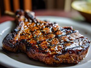 A perfectly grilled pork chop with a glistening glaze, showcasing the results of a delicious marinade for pork chops.