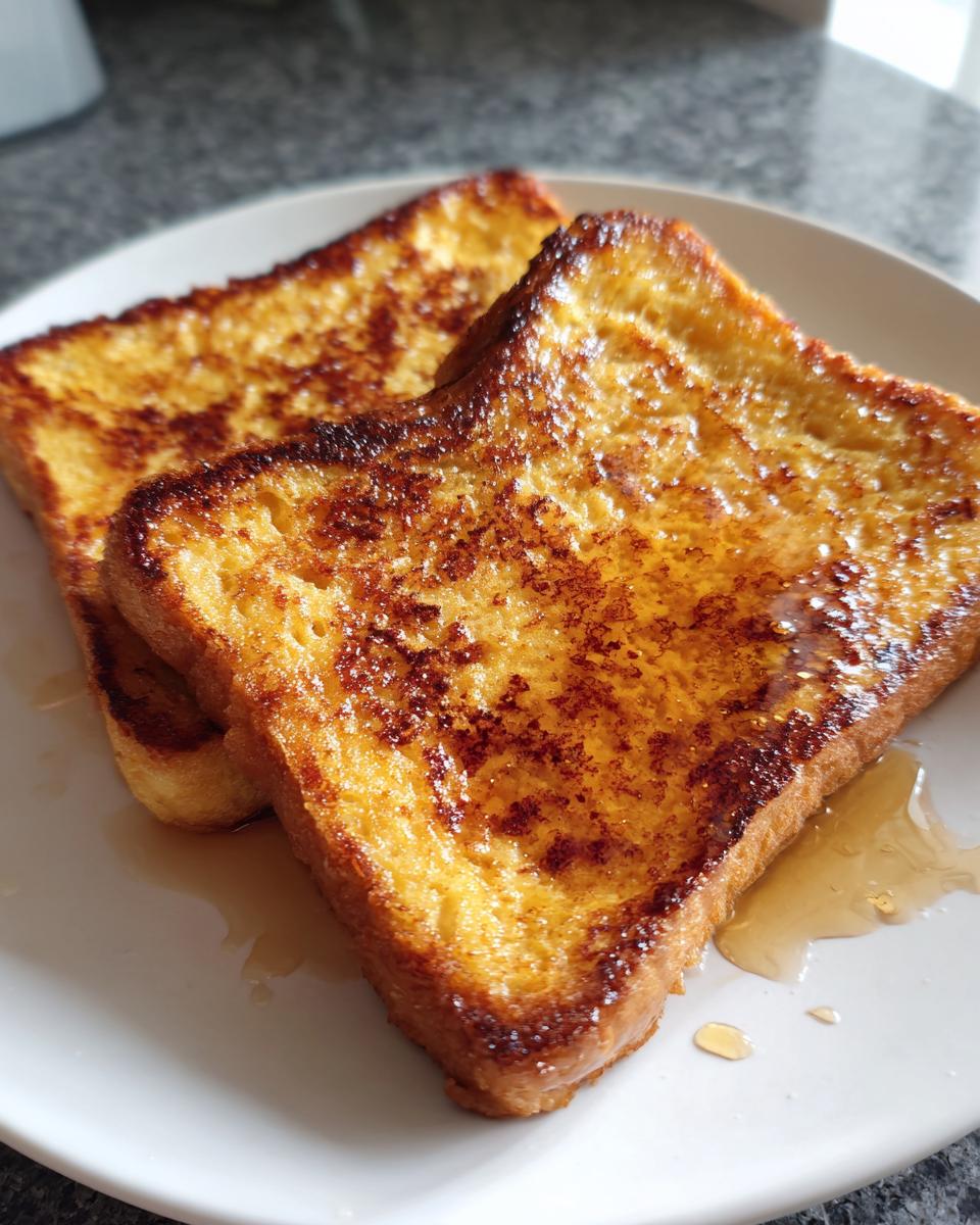 Two golden-brown slices of protein french toast on a white plate, drizzled with syrup.