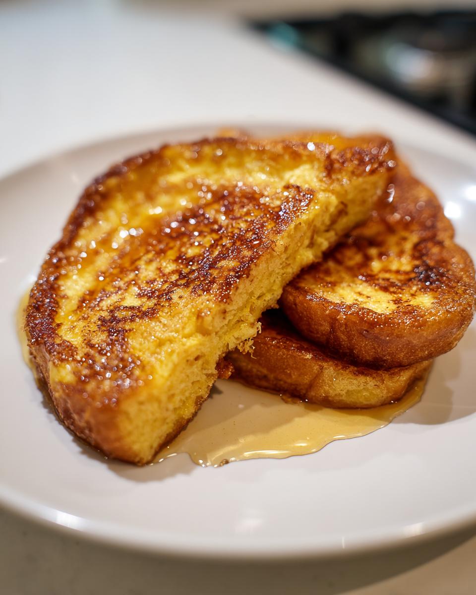 Close-up of golden-brown protein french toast slices drizzled with syrup on a white plate.