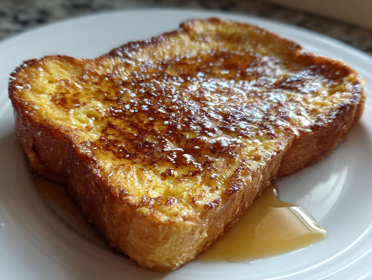 A golden-brown slice of protein french toast dusted with powdered sugar and drizzled with syrup on a white plate.