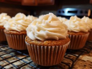 Close-up of perfectly baked pumpkin spice cupcakes with tall swirls of cream cheese frosting on a cooling rack.