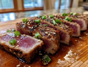 Close-up of sliced Seared Ahi Tuna, coated in sesame seeds and spices, garnished with green onions.