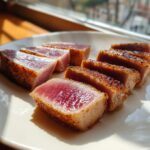 Close-up of perfectly seared tuna steaks, sliced and arranged on a white plate, showcasing a vibrant pink interior.