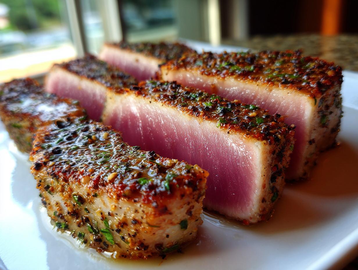 Close-up of perfectly seared tuna steaks, sliced and showing a vibrant pink interior with a flavorful crust.