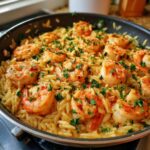 Close-up of shrimp orzo in lemon garlic sauce, garnished with fresh parsley and red pepper flakes.