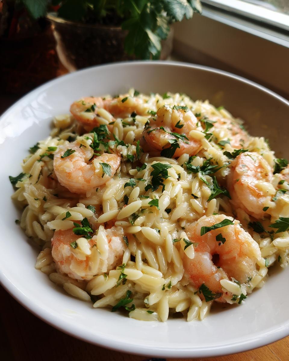 A close-up of shrimp orzo in lemon garlic sauce, garnished with fresh parsley.