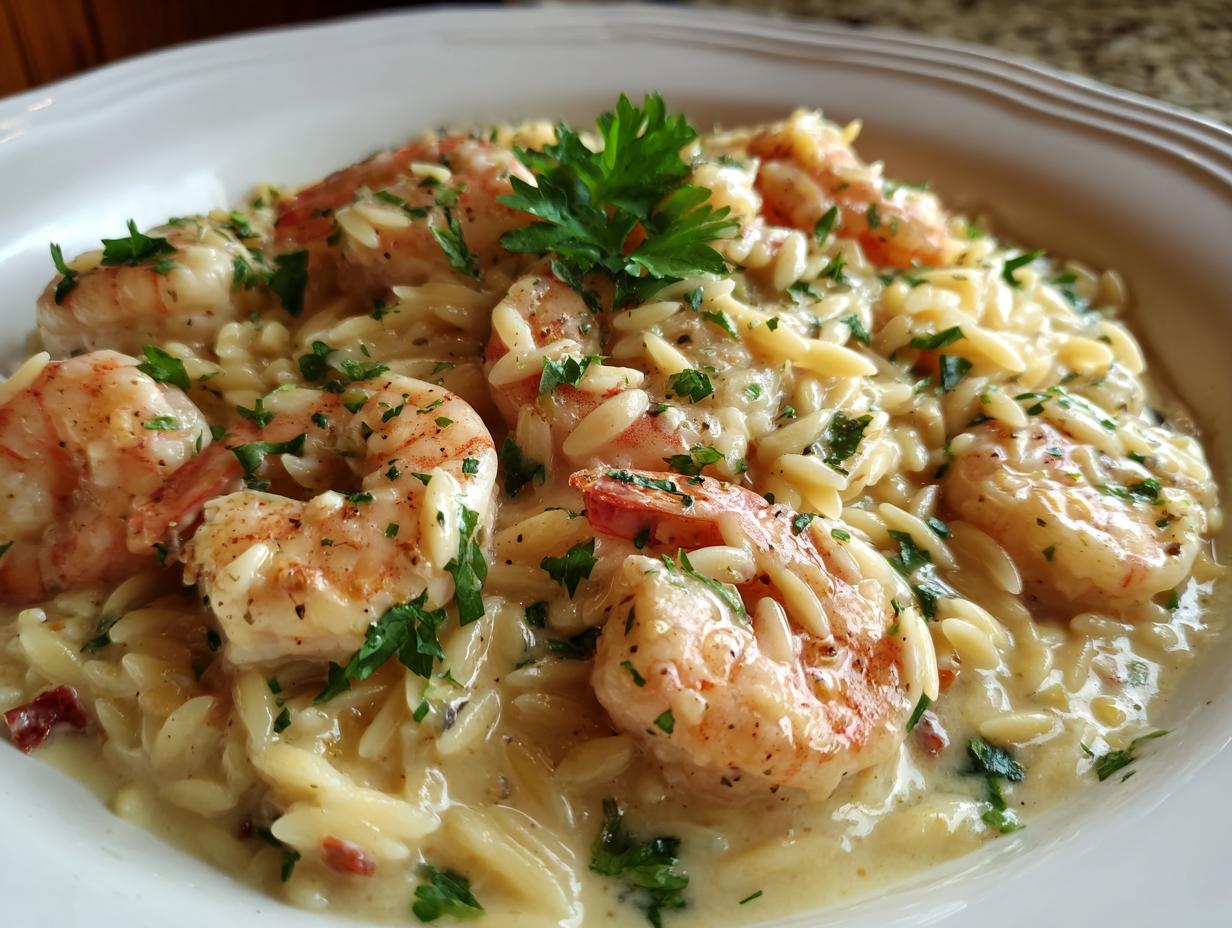 A close-up of delicious shrimp orzo in a creamy lemon garlic sauce, garnished with fresh parsley.