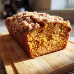 A close-up of a delicious sourdough pumpkin bread loaf with a crumb topping on a wooden cutting board.