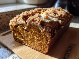 A close-up of a loaf of sourdough pumpkin bread with a streusel topping on a wooden cutting board.