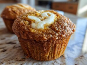 Close-up of a delicious Starbucks Pumpkin Cream Cheese Muffin with cream cheese swirl on top.