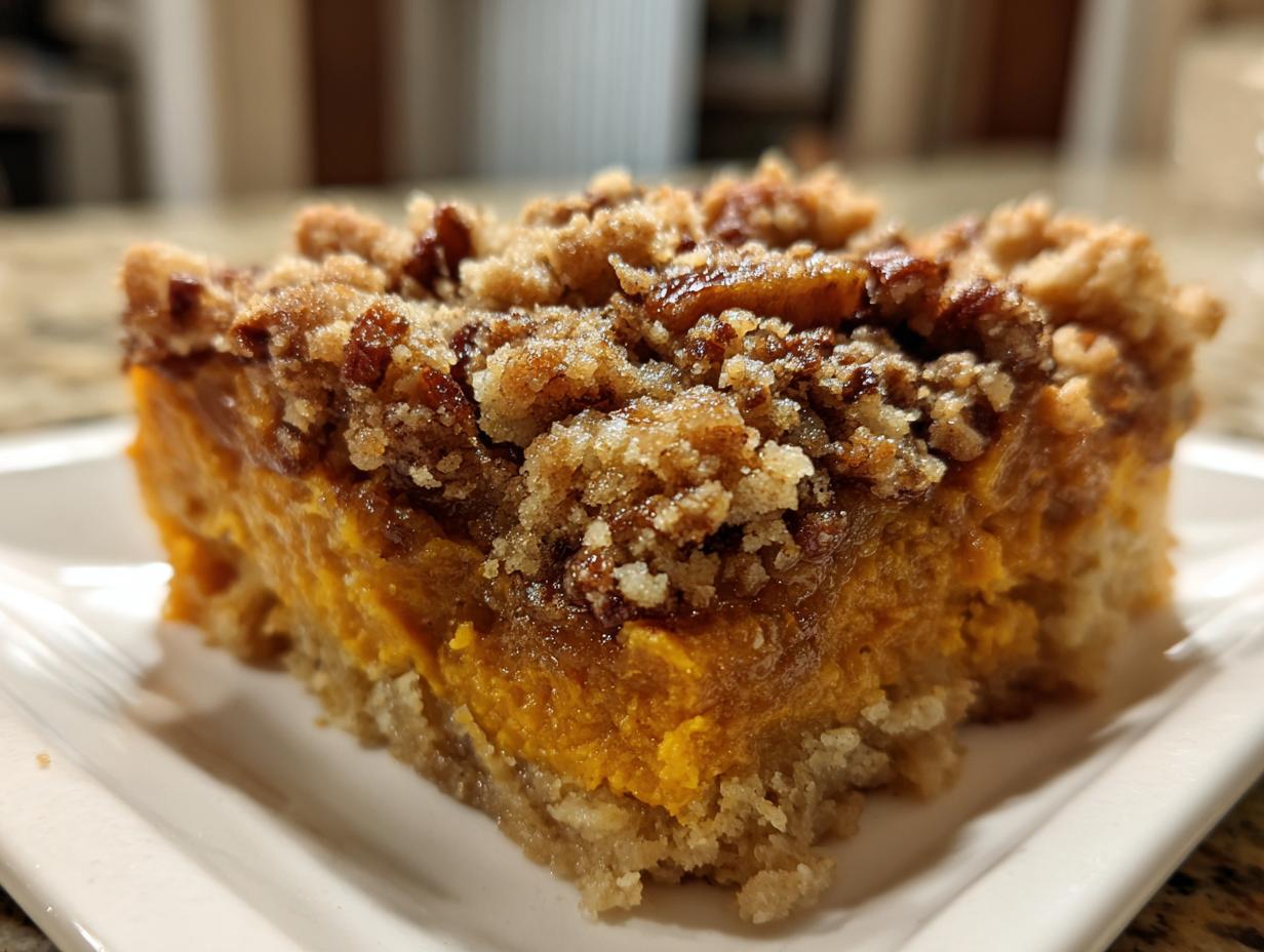 A close-up of a slice of sweet potato casserole with a crunchy pecan topping on a white plate.
