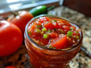 Close-up of a glass jar filled with fresh tomato salsa canning recipe, surrounded by ripe tomatoes and jalapeños.