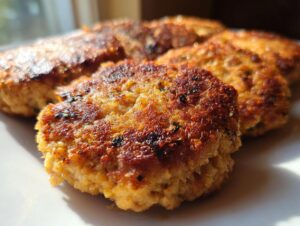 Close-up of several golden-brown, pan-fried tuna patties on a white plate, ready to eat.