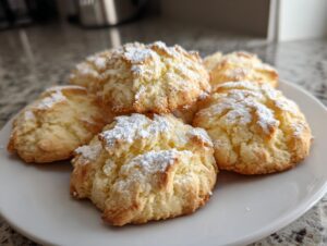 A plate of freshly baked whipped shortbread cookies dusted with powdered sugar.