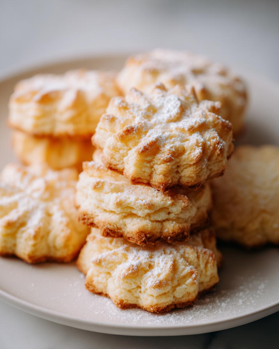 A close-up stack of golden-brown whipped shortbread cookies dusted with powdered sugar.