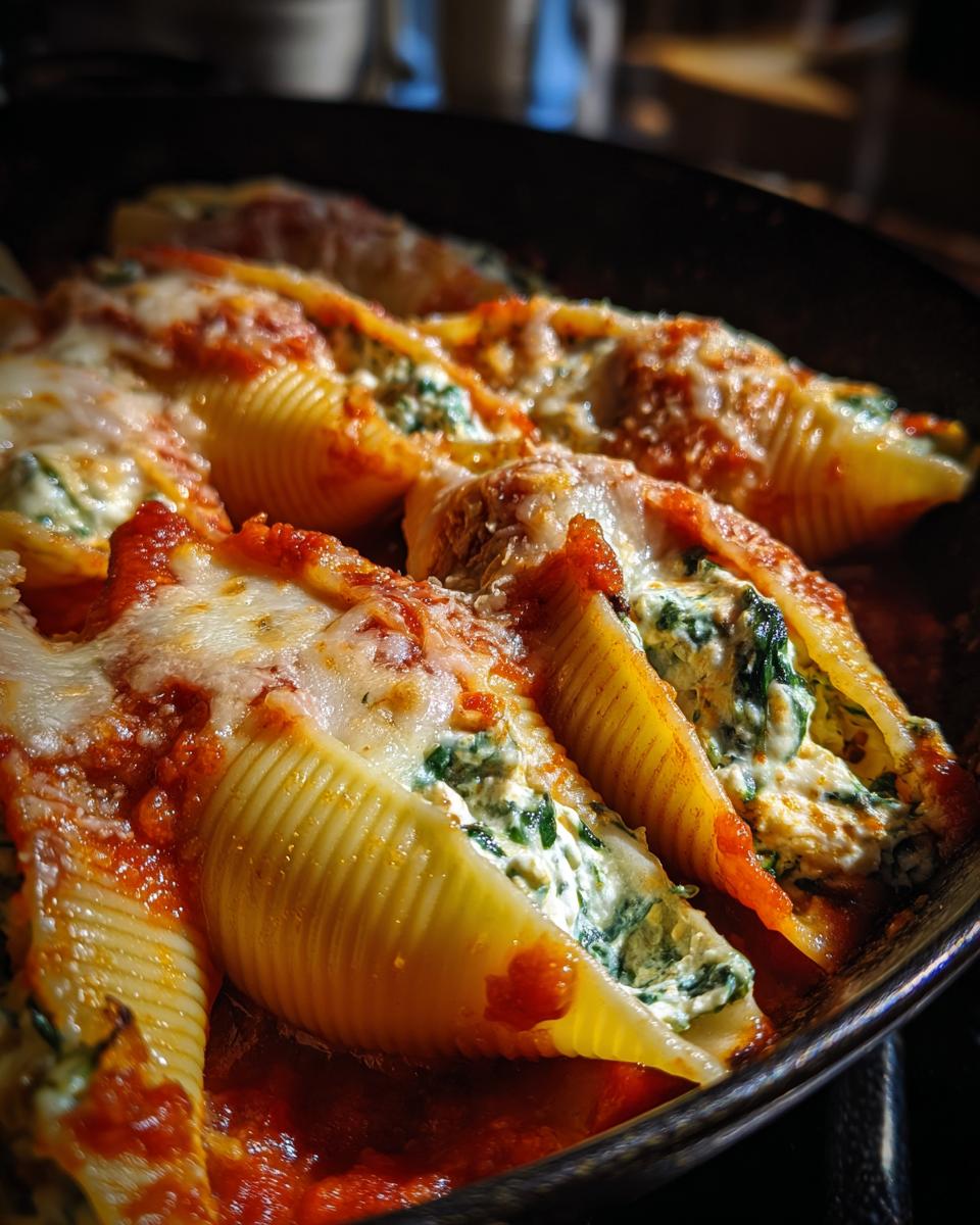 Close-up of baked 3-Cheese Stuffed Shells in marinara sauce, topped with melted cheese.