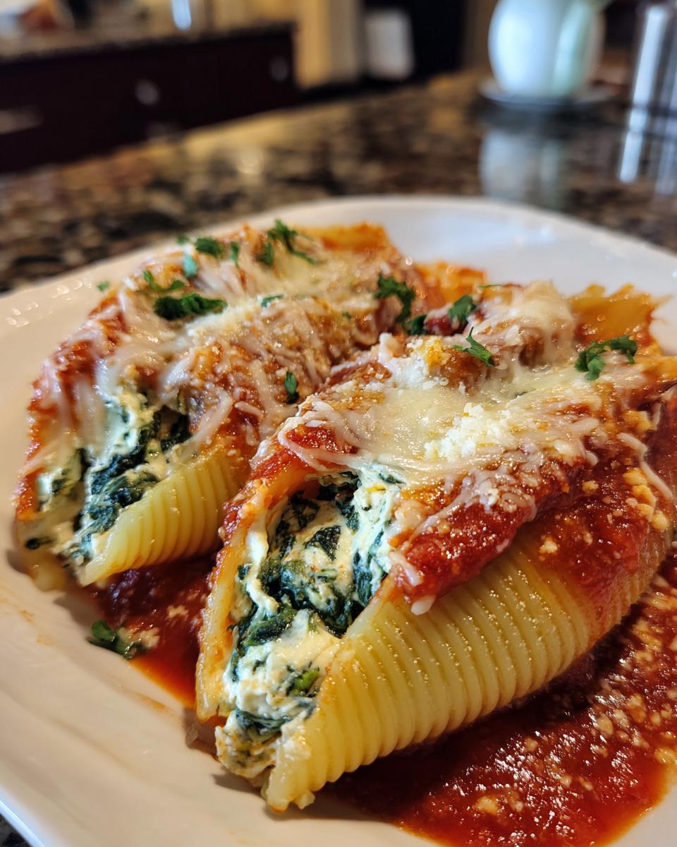 Close-up of two 3-cheese stuffed shells filled with creamy ricotta and spinach, topped with marinara sauce and melted cheese.