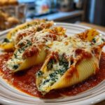 Close-up of three cheesy stuffed shells filled with spinach and ricotta, covered in marinara sauce.