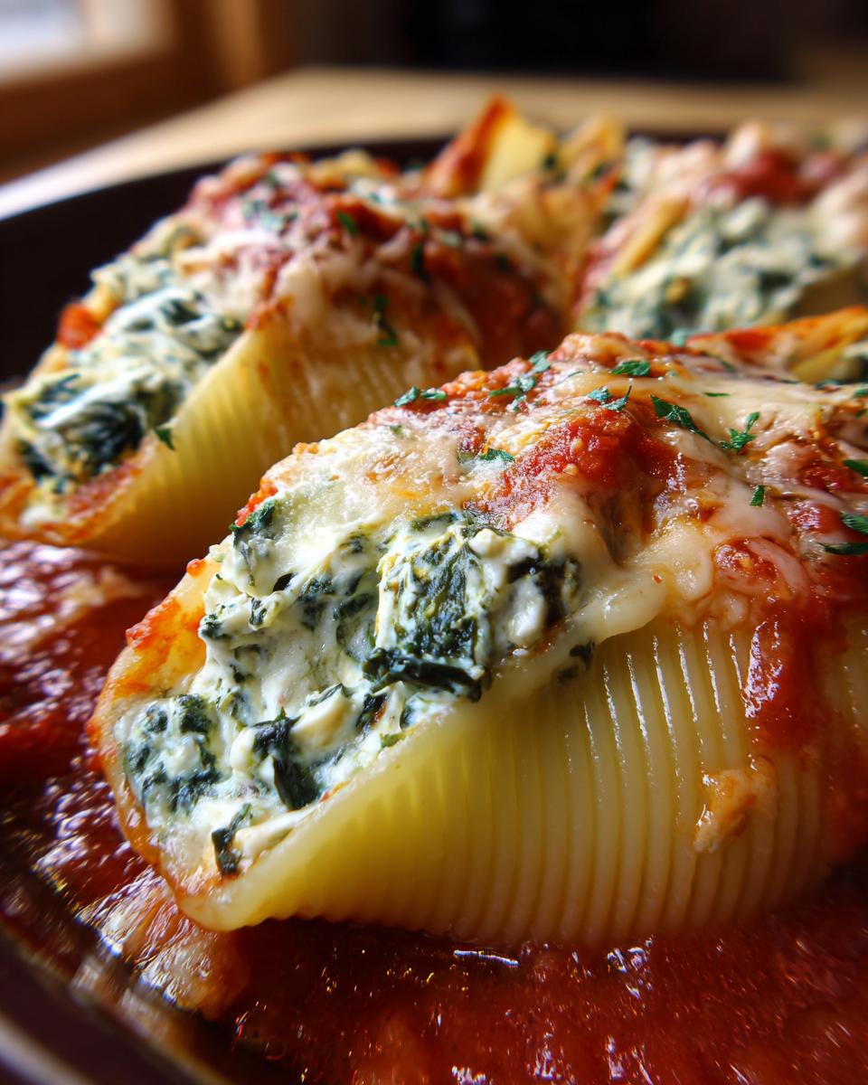 Close-up of cheesy, spinach-filled stuffed shells in marinara sauce, garnished with parsley.