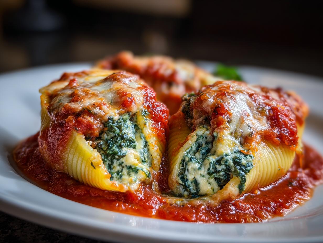 Close-up of cheesy 3-cheese stuffed shells with spinach filling, covered in marinara sauce.