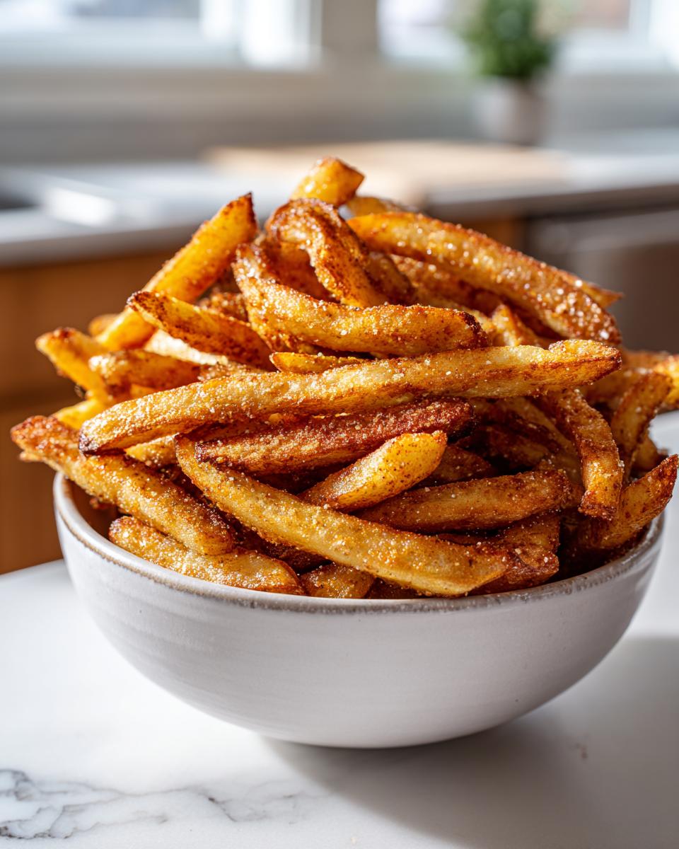 A white bowl overflowing with golden-brown, seasoned air fryer french fries.