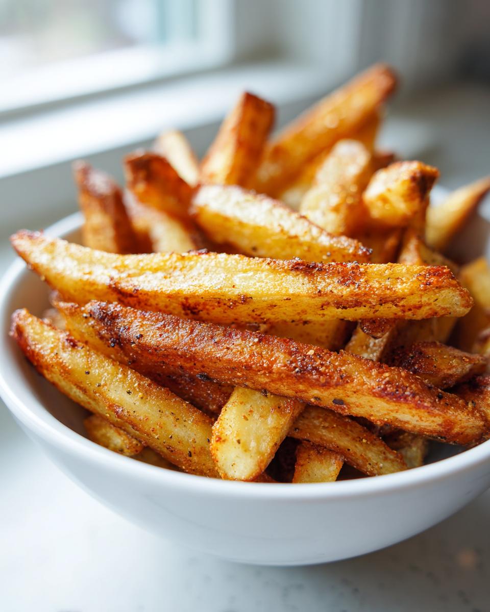 A close-up of a white bowl filled with golden-brown, seasoned air fryer french fries.