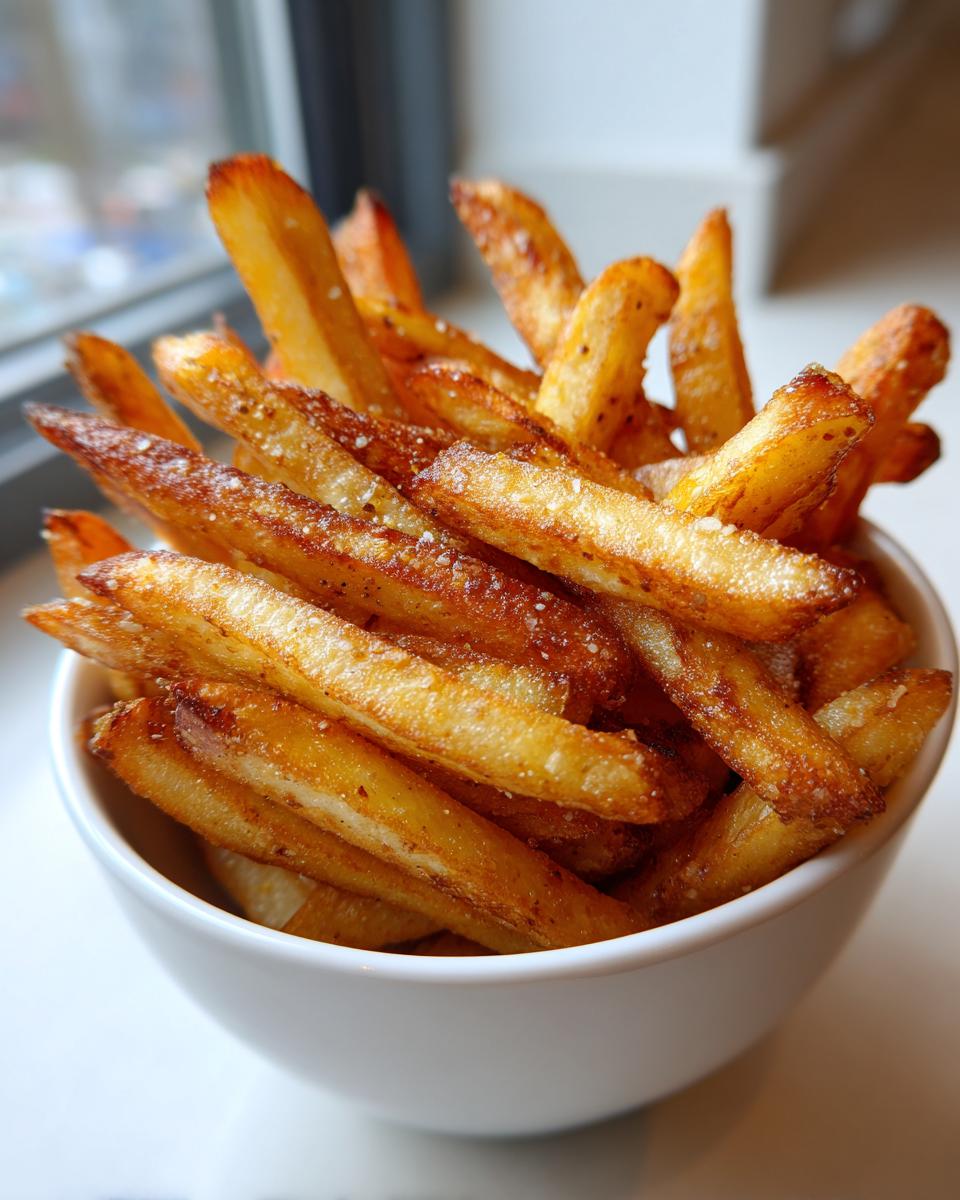 A white bowl overflowing with perfectly golden air fryer french fries, seasoned with salt and pepper.