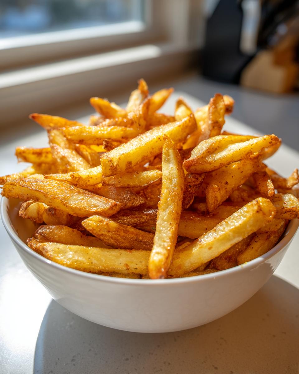 A white bowl filled with golden-brown, crispy air fryer french fries, seasoned with spices.