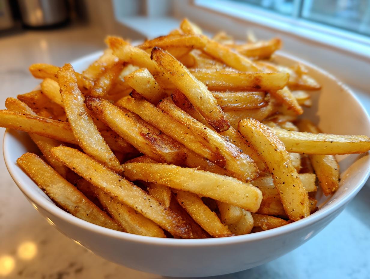 A close-up shot of a white bowl filled with perfectly golden air fryer french fries, seasoned with pepper.