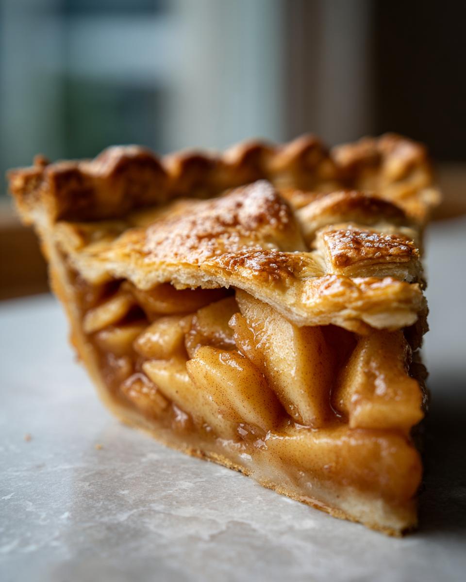 Close-up of a thick slice of amazing apple pie, showcasing a flaky lattice crust and tender, spiced apple filling.