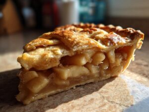 Close-up of a perfect slice of amazing apple pie, showing flaky crust and tender apple filling.