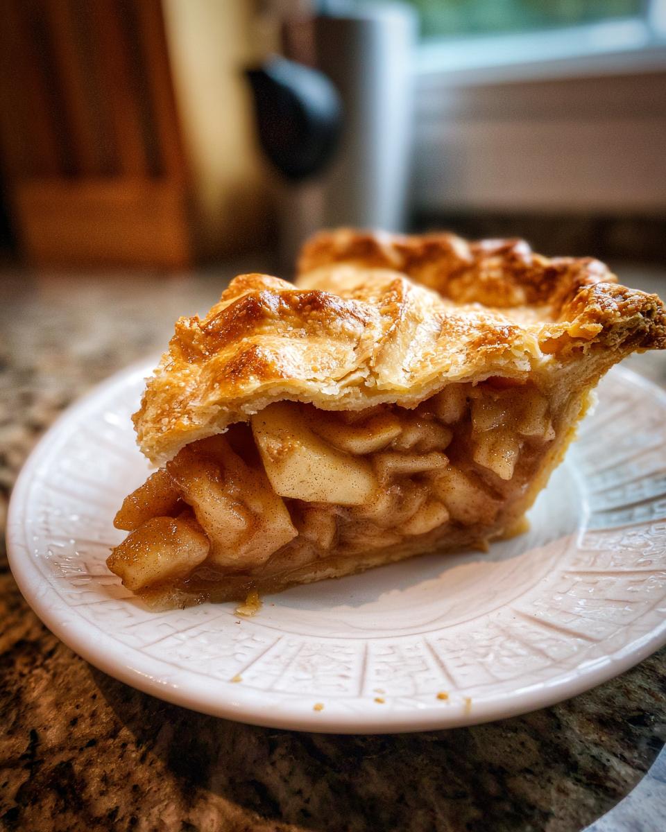 A close-up of a golden-brown slice of amazing apple pie, revealing tender apple filling and flaky crust.
