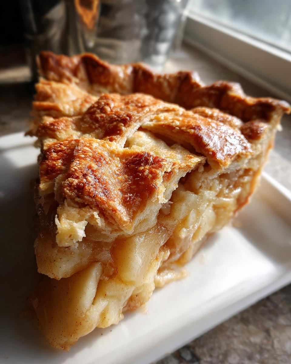 A close-up of a slice of amazing apple pie with a lattice crust, showing tender apple filling.