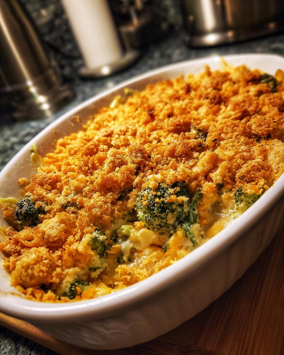 Close-up of a freshly baked Amazing Broccoli Casserole with a golden breadcrumb topping.