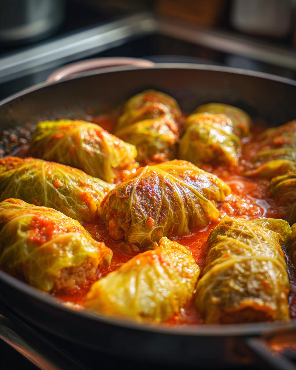 Close-up of delicious cabbage rolls cooking in a rich tomato sauce in a pan.