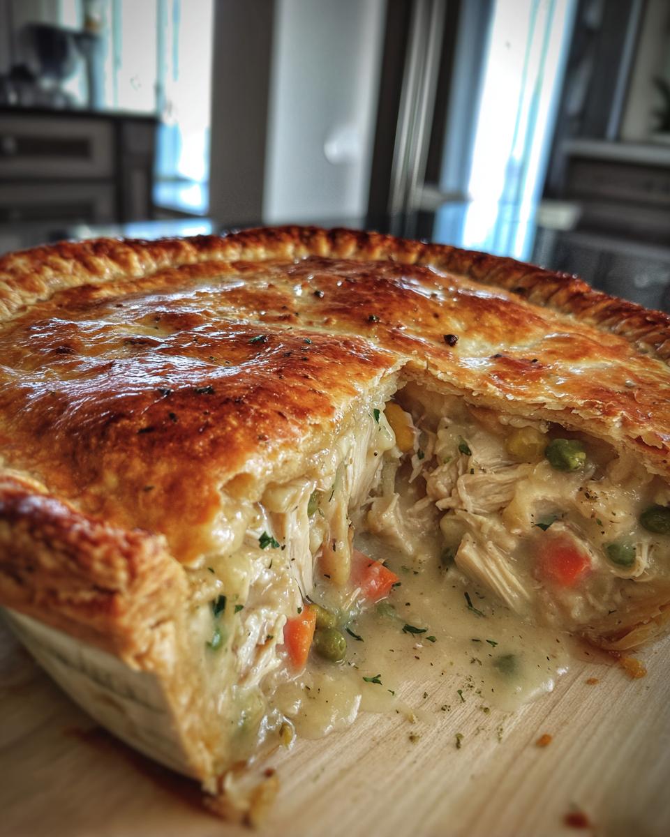 A close-up view of a slice of amazing chicken pot pie, showing shredded chicken, peas, carrots, and creamy sauce.