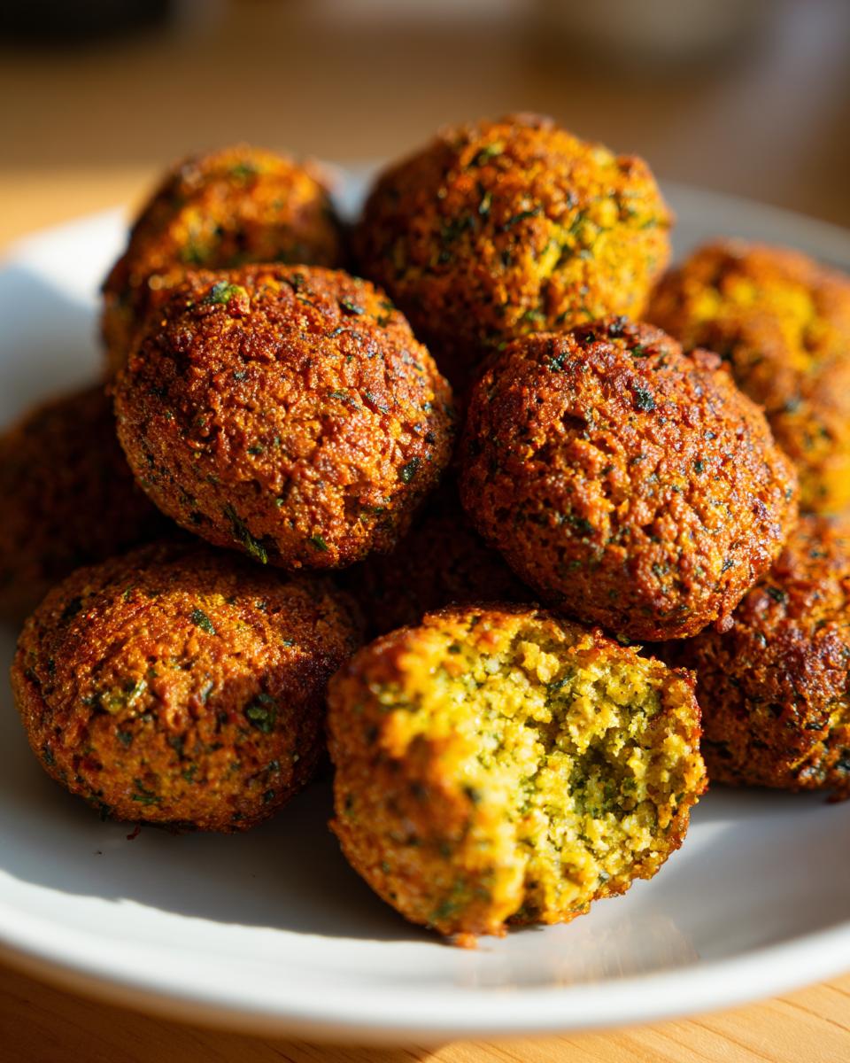 A close-up of golden brown, crispy falafel balls piled on a white plate. One falafel is broken open, revealing its fresh green interior.