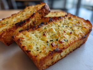 Close-up of two golden-brown slices of amazing garlic bread, topped with melted butter, garlic, and parsley.