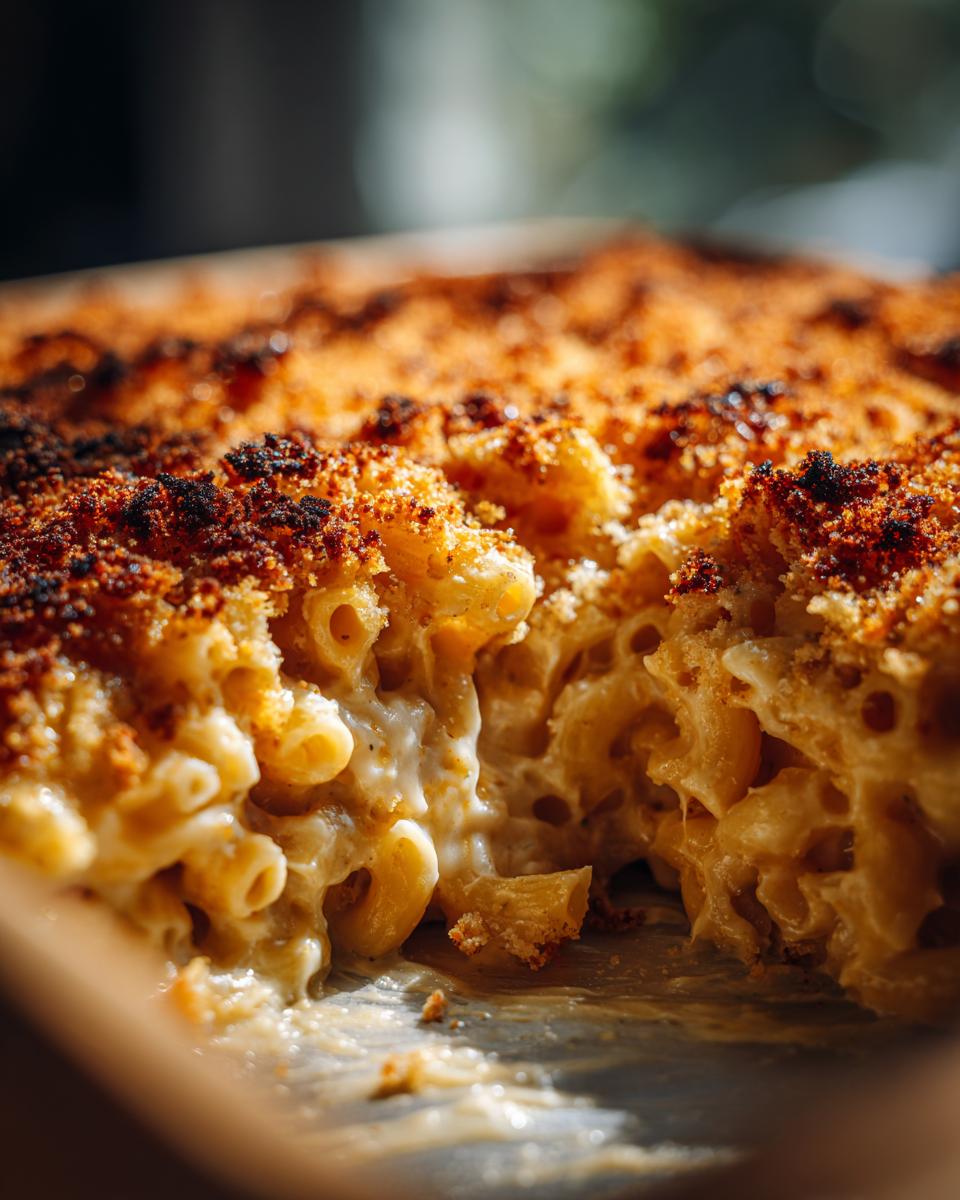 A close-up of baked Mac and Cheese with a golden, crispy breadcrumb topping and creamy cheese sauce.