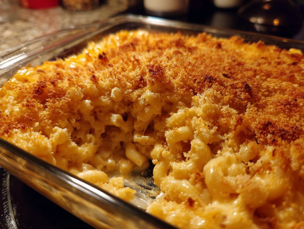 A close-up of a baking dish filled with creamy, cheesy Mac and Cheese topped with golden breadcrumbs.
