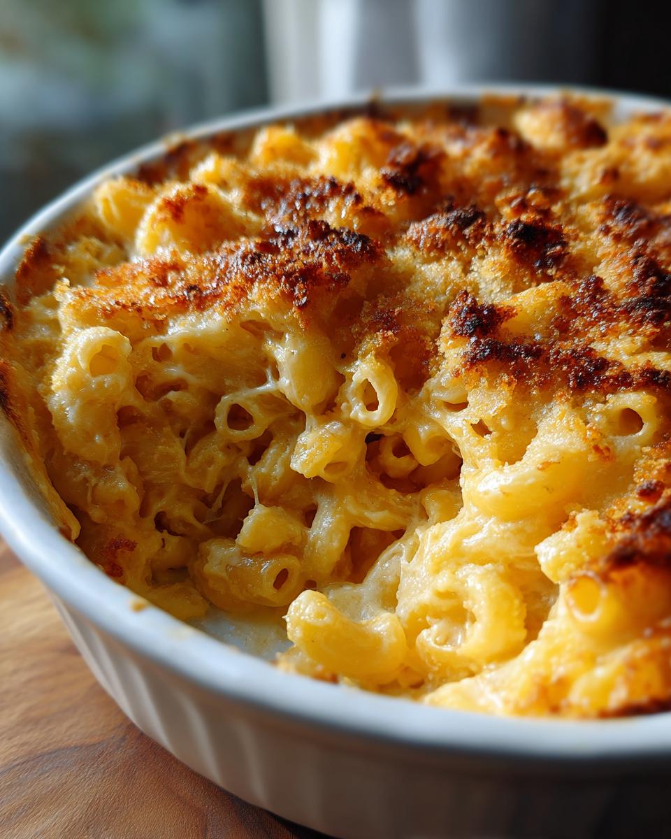 Close-up of a golden-brown baked Mac and Cheese casserole with bubbly cheese and crispy topping.