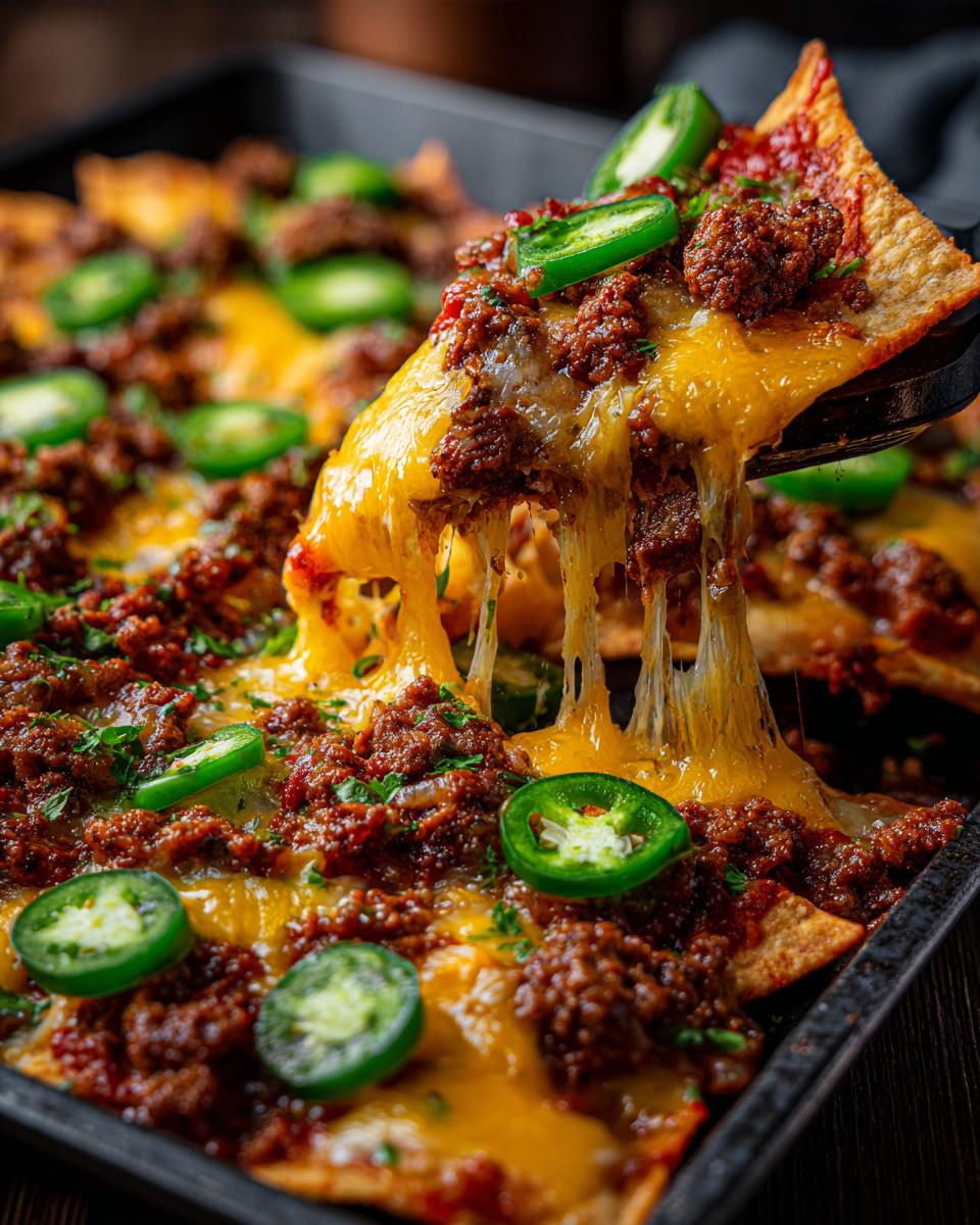A scoop lifting a cheesy, beef-topped nacho with jalapeños, showing melted cheese strings.