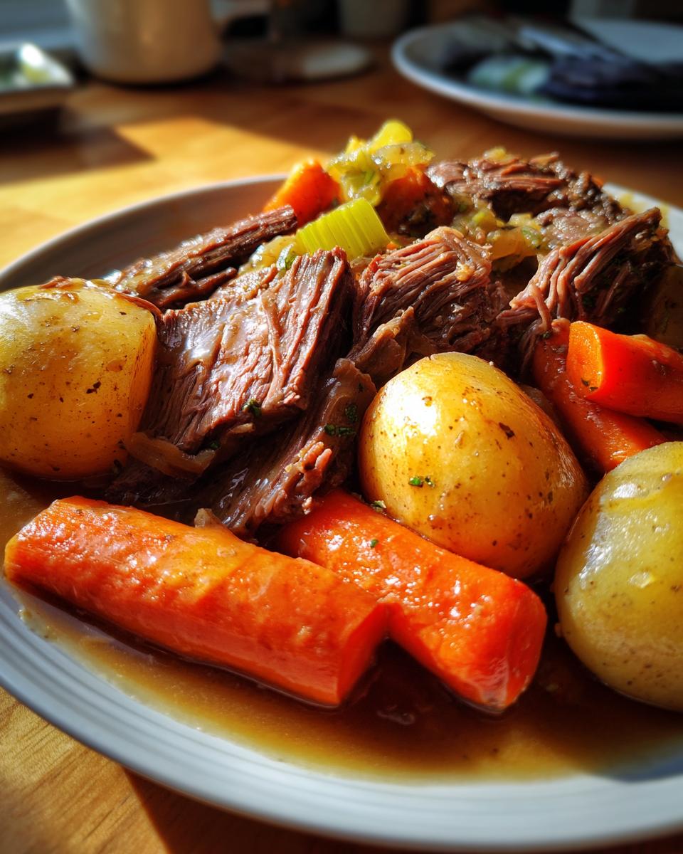 A close-up of a hearty pot roast served with tender carrots and potatoes in a rich gravy.