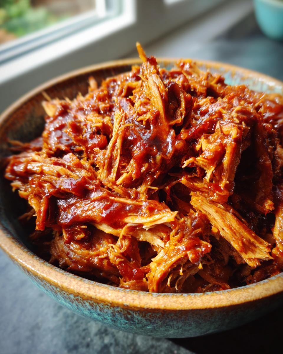 Close-up of a rustic bowl filled with tender, shredded pulled pork coated in a rich, glossy barbecue sauce.