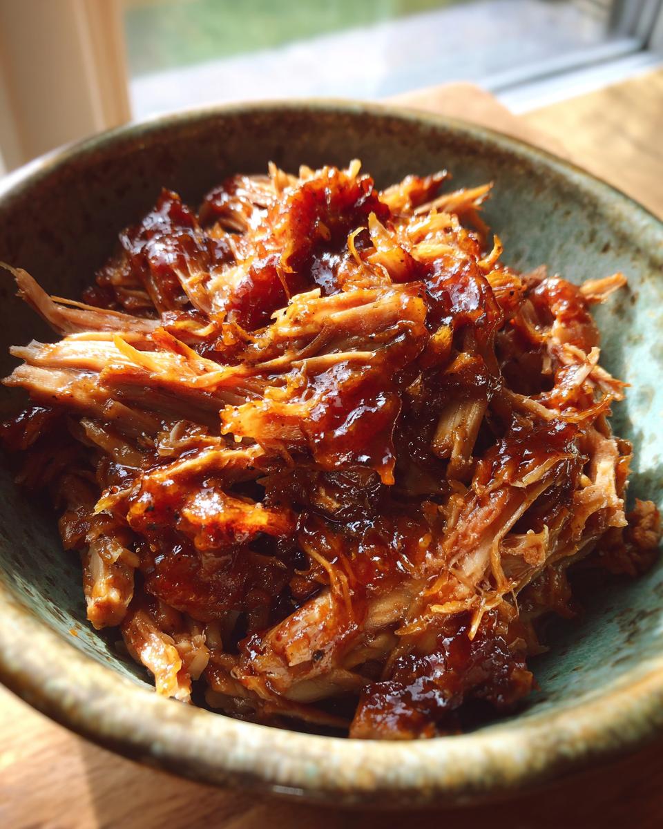 Close-up of tender, shredded pulled pork coated in a rich, glossy sauce, served in a rustic bowl.