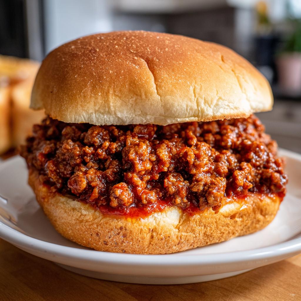 Close-up of a delicious pulled pork sandwich on a white plate, overflowing with savory pulled pork.